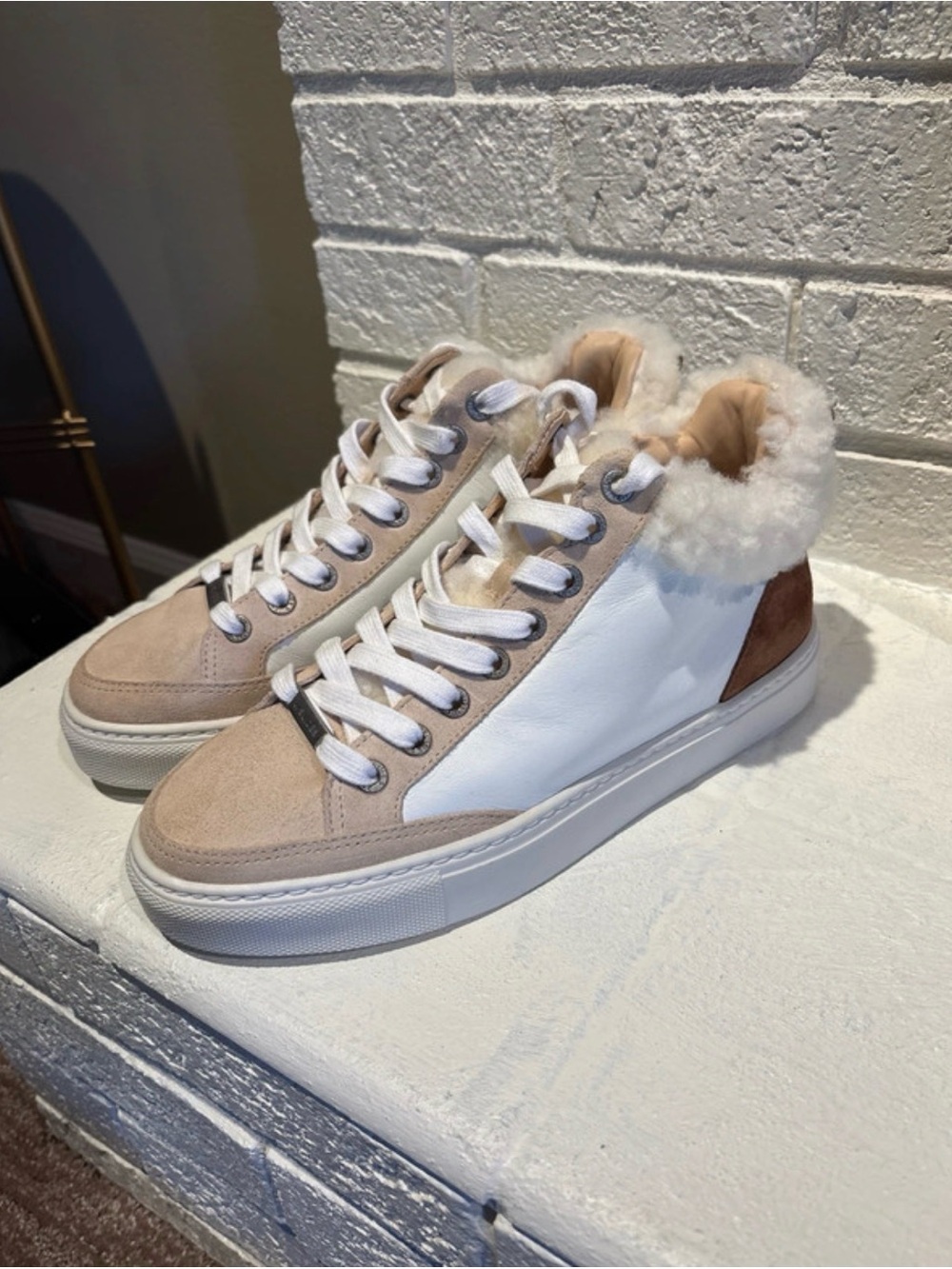 J Slides Beige and White Shearling-Trim Lace-Up Sneakers
